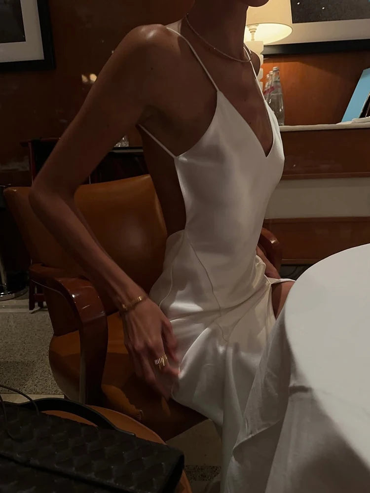 Luxury White Satin Backless Veatido Women Sexy Spaghetti Strap V-neck High Split Midi Dress Vacation Evening Party Beach Outfits