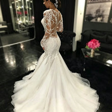 Long Sleeve Mermaid Wedding Dresses Sheer V Neck Lace Appliques Illusion Back Bridal Gown Sweep Train Tulle Vestido De Novia