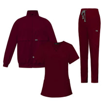 Female Loose Comfy V-neck Short Sleeved Top and Trousers and Coat Three Piece Workwear Solid Fall Winter Nurse Caring Clothes