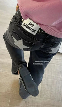 Gothic Womens ONE DILEMMA Jeans Y2K Clothing Fashion Sequin Five Pointed Star Rivet Retro Jeans Mid Rise Wide Leg Trousers
