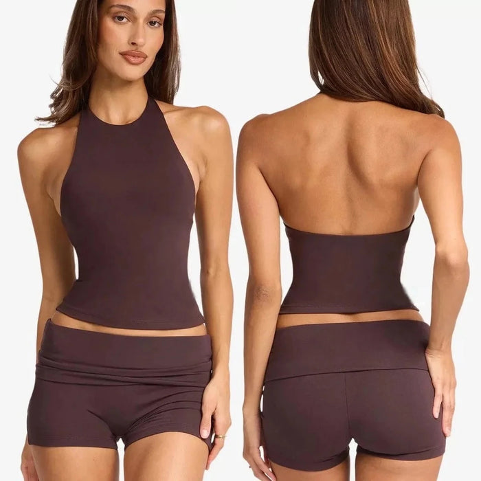 Ensemble de sport C-B pour femme : débardeur de yoga à dos nu et encolure américaine avec short de cyclisme à taille repliable pour la gym et le Pilates