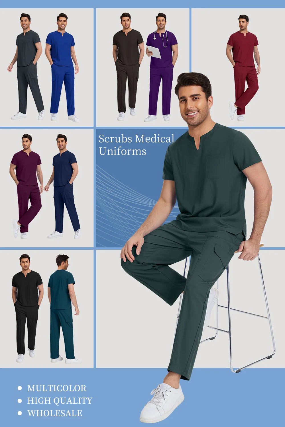 Niaahinn Medical Surgical Uniforms Doctor Costume Men Nurse Surgery Anesthetist Workwear Clinical Nursing Scrubs Tops-Pants Suit
