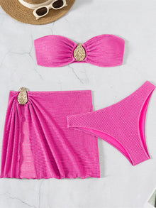 Coffee Bandeau Bikini Set With Mesh Skirt 3 Piece Swimwear