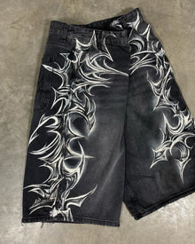 American Retro Gothic Halloween Geometry Graffiti Print Denim Shorts Men Women Y2k Low Waist Baggy Knee Length Jeans Jorts Short