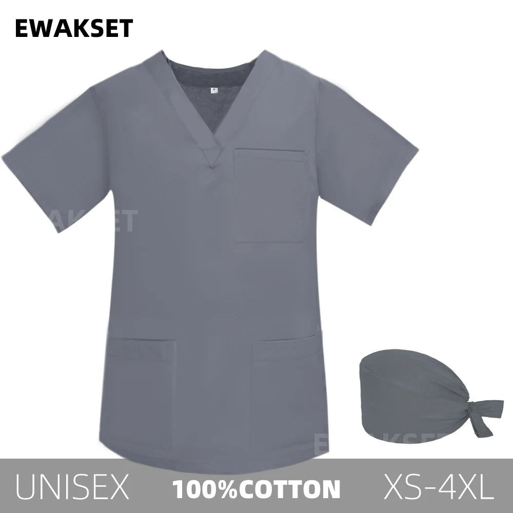 Unisex Solid Surgical Top 100% Cotton Shirt medical Uniforms Short Sleeve V-neck 3 Pocket Scrub Tops for Women Men
