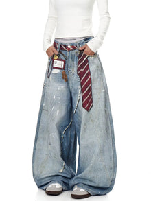 Women's Distressed Denim Wide Leg Jeans Y2K Grunge Style Tie & Pearl Chain Printing High Waist Casual Streetwear Trousers