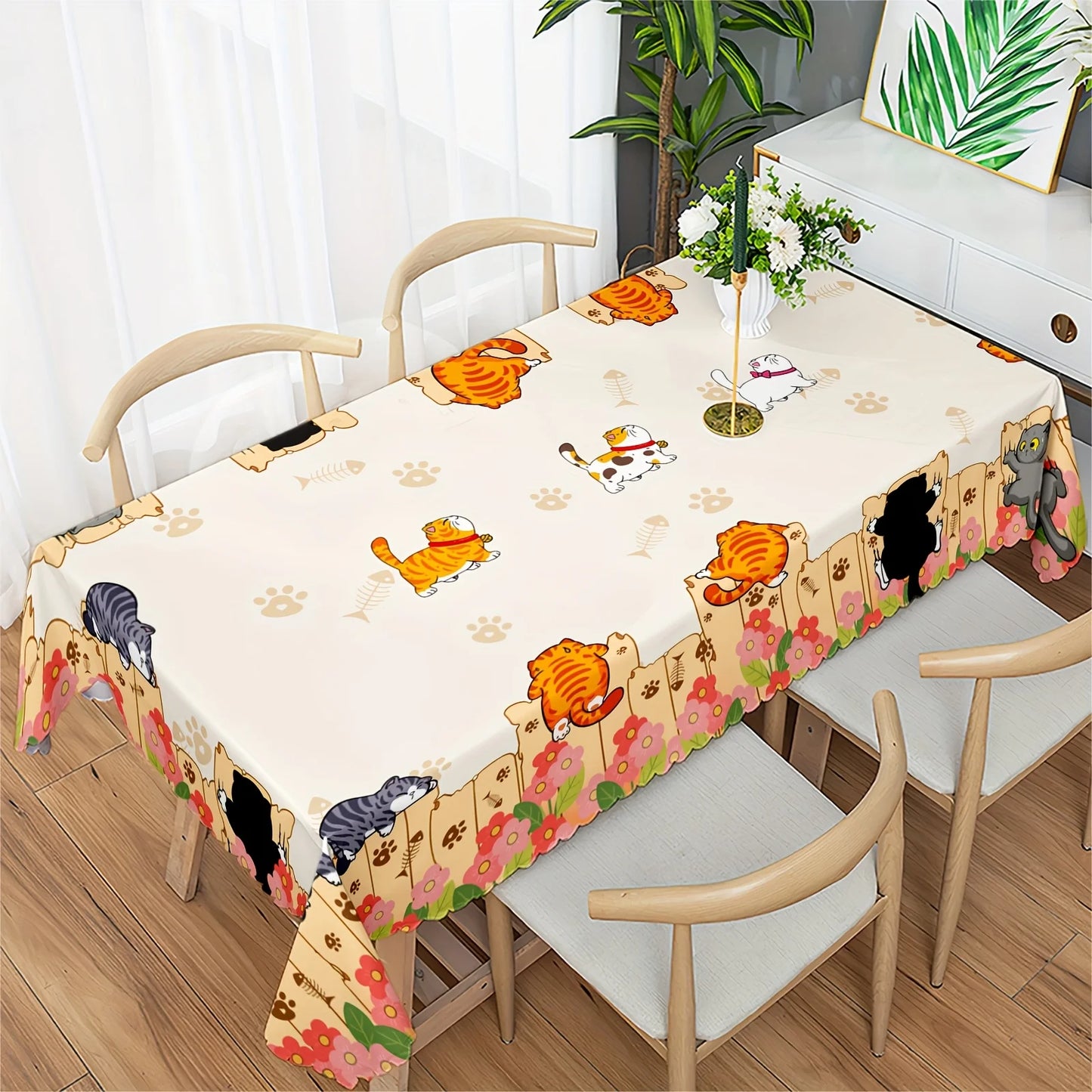 Cute Cat & Kitten Paw Print Tablecloth, Pet Theme Table Cover for Kitchen Dining Room Patio Picni