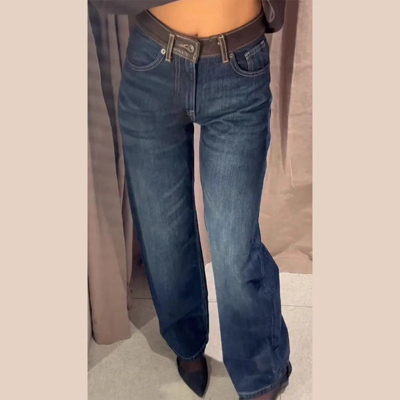 Women Jeans High Waist Pants Wide Leg Jean Contrast Brown Leather Patch Pockets Fit Casual Denim Trousers Spring Woman Clothes