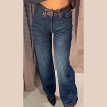Women Jeans High Waist Pants Wide Leg Jean Contrast Brown Leather Patch Pockets Fit Casual Denim Trousers Spring Woman Clothes