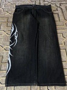 Y2k Wash Dark Baggy Jeans Men Shark Mouth Pocket Print White Tribal Flame Side Graphic Wide Leg Harajuku Hip Hop Denim Trousers