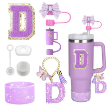 8PCS Accessories Set for Stanley Cup Purple 30oz 40oz tumbler Silicone Straw Topper Cover Cap Boot Handle Charm Initials Sticker