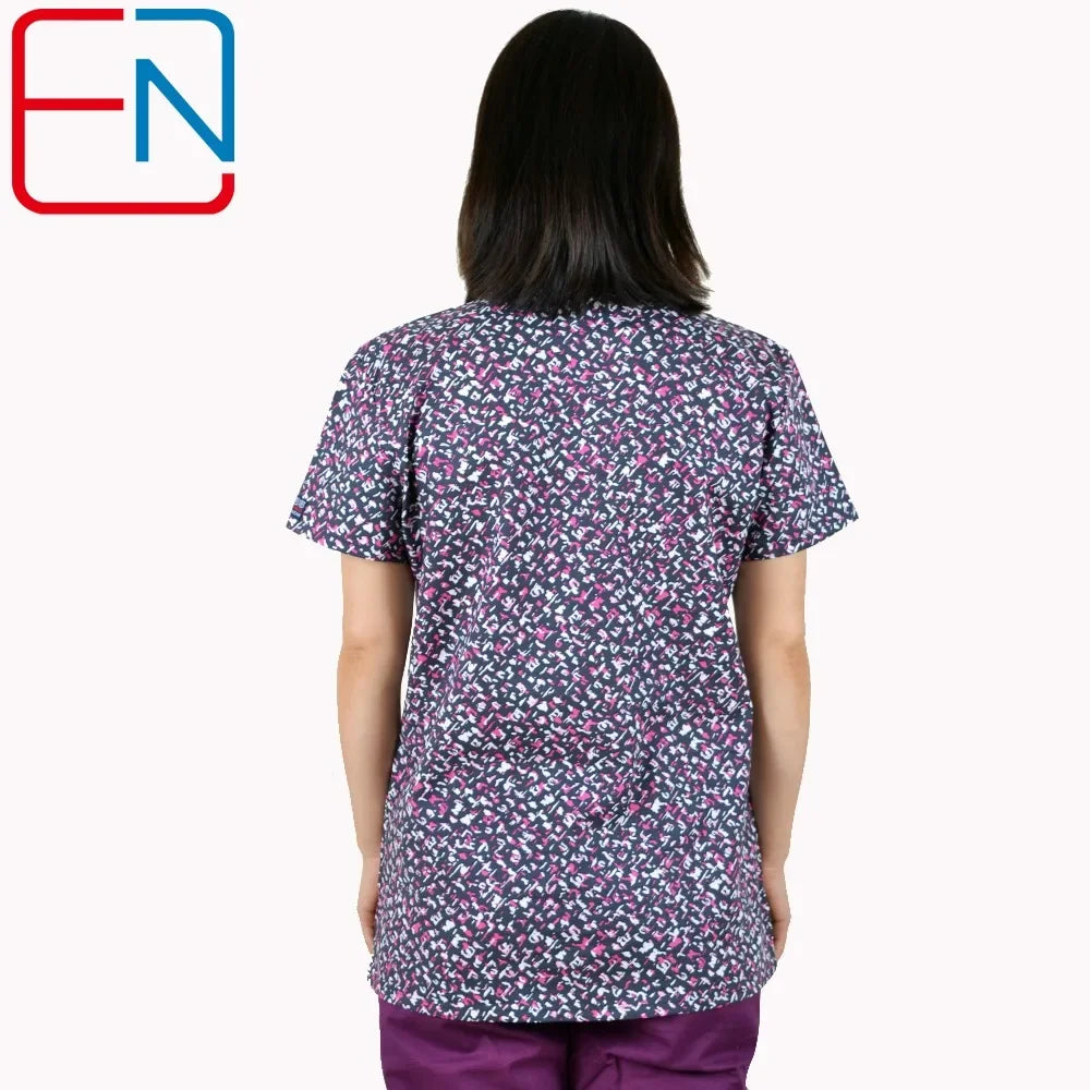 Hennar Print Vet Scrub Uniform For Women In 100% Cotton 4 pockets,XXS-5XL Pet Doctors Medical Scrub Tops