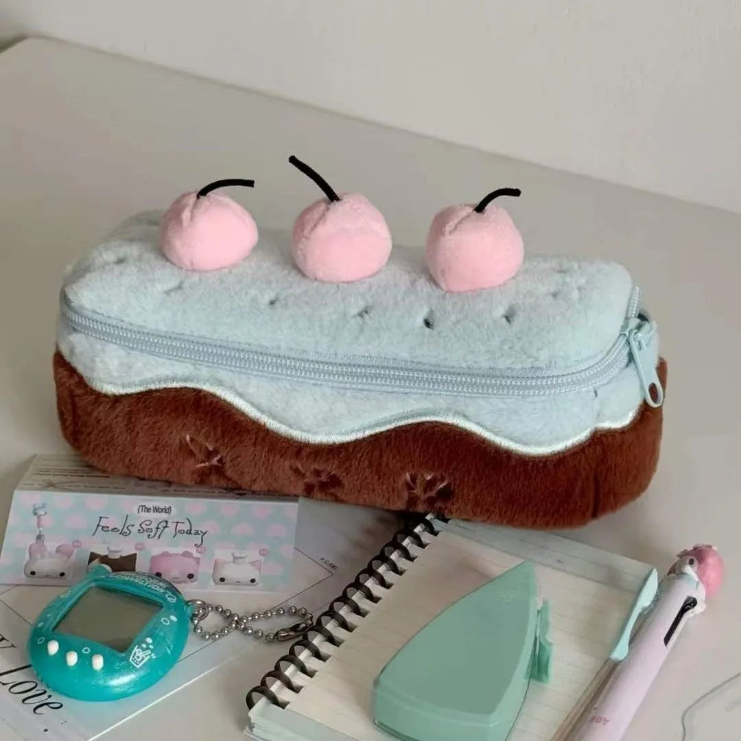 INS Fashion Korean Cream Swiss Roll Plush Pencil Case Student Desktop Storage Stationery Pen Bag Cute Girl Makeup Bag