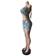 2 Piece Sets Women Denim Shorts Suit Sexy Vest Top Strap Backless Jeans Short Pants Pockets Outfits 2025 Streetwear Ensemble