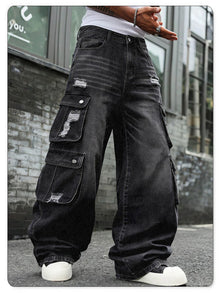 LIYS Men Retro Black Wash Multi Pocket Cargo Jeans Ripped Baggy Wide Leg Y2K Streetwear Denim Pants Tactical Loose Trousers