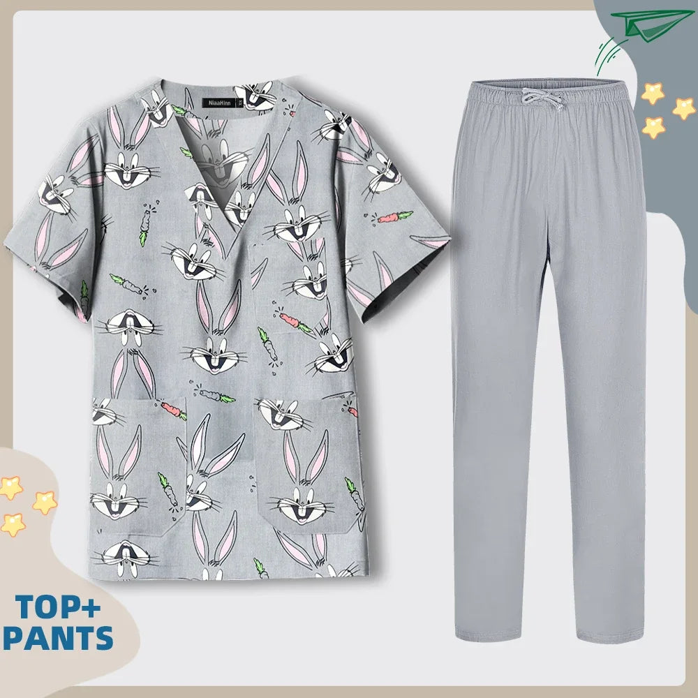 Print Dogs/Cats/Rabbit Scrub Tops Women Men Medical Scrub Shirts Pet Shop Vet Workwear Doctor Nurse Uniform Dentist Overalls Cap