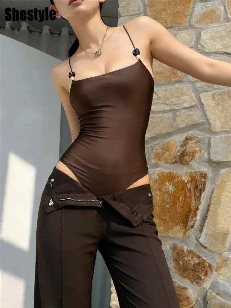 Brown Solid Spaghetti Strap Bodysuit Women Summer Sleeveless