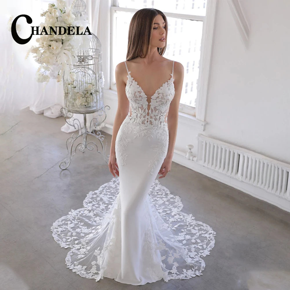 CHANDELA Trendy A-line Wedding Dress Bridal Sleeveless Tulle Lace Appliques Lacing up Brush Train Vestidos Para Mujer Customised