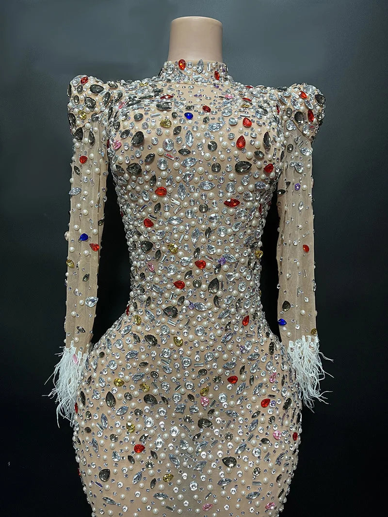 Sparkly pearl Rhinestone Transparent Long Dress Evening Birthday Celebrate Party Luxurious Costume Dancer Flashing Dress