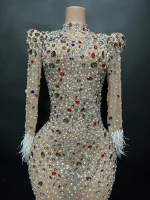 Sparkly pearl Rhinestone Transparent Long Dress Evening Birthday Celebrate Party Luxurious Costume Dancer Flashing Dress