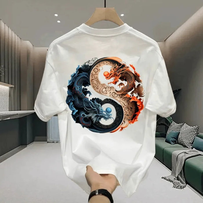 Men's Cotton T-shirts White 5XLT Shirt for Men Casual Summer Wear Chinese Loong Print Tee Shirts Black Men Clothing Fashion