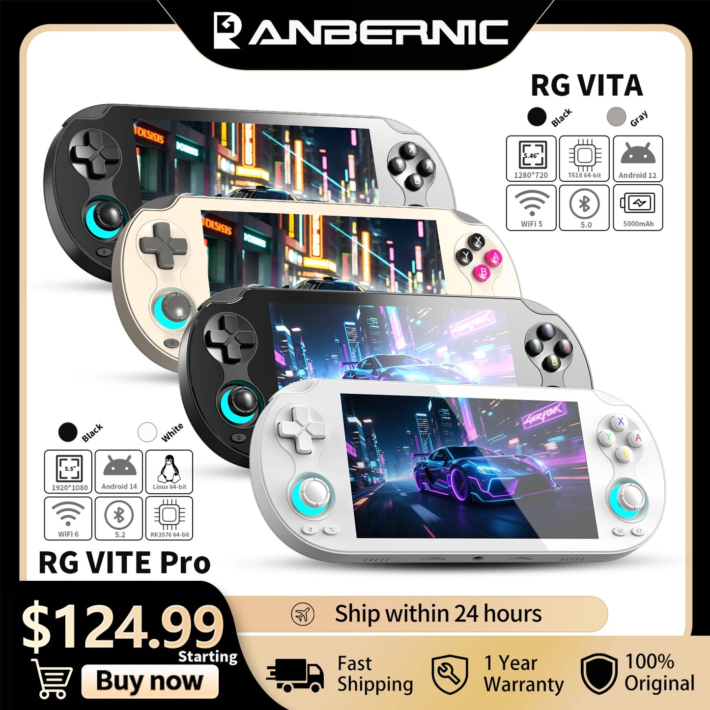 Anbernic RG VITA / RG VITA Pro Handheld Game Console Android 5000mAh Retro Video Games Player Suppor WIFI Bluetooth AI Streaming