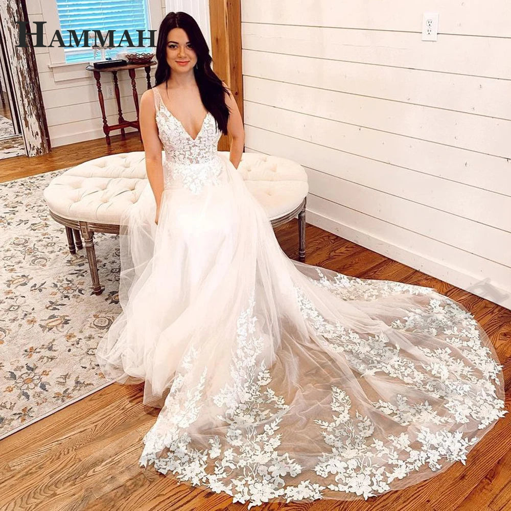HAMMAH Elegant V Neck Wedding Dresses Mermaid Appliques Lace Spaghetti Strap Satin Court Train Robe De Mariee Customized