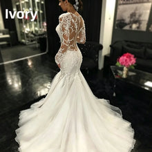 Long Sleeve Mermaid Wedding Dresses Sheer V Neck Lace Appliques Illusion Back Bridal Gown Sweep Train Tulle Vestido De Novia