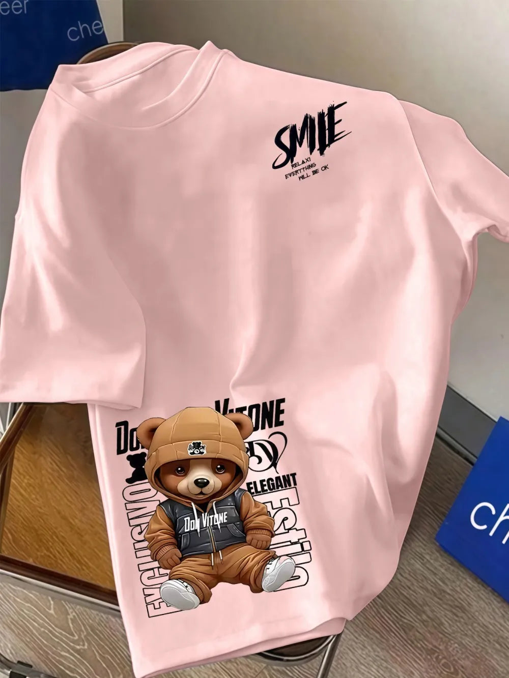 European and American men's summer personalized letter bear print comfortable and breathable round neck T-shirt outdoor street t