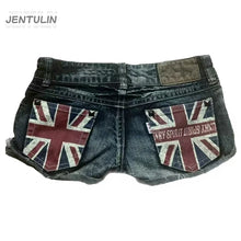 Y2K Flag Graphic Print Fashion British Style Mini Shorts Harajuku Pocket Denim Shorts Women Goth Slim Sexy Low Rise Short Pants