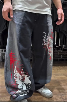 Y2k Vintage Washed Black Personalized Street Jeans Men Skateboarding Gothic Pattern Print Retro Denim Pants Loose Wide Leg Jeans