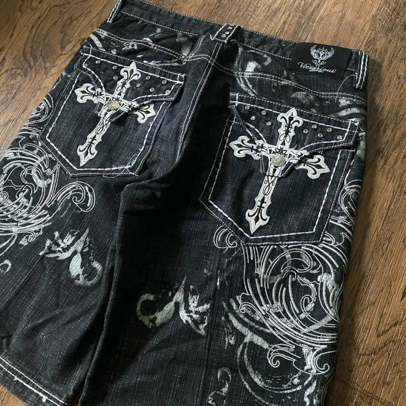Y2K Denim Shorts Women Baggy Embroidered Streetwear Hip Hop