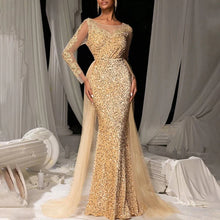 Elegant V Neck Long Sleeve Lace Sequin Mesh Evening Dress