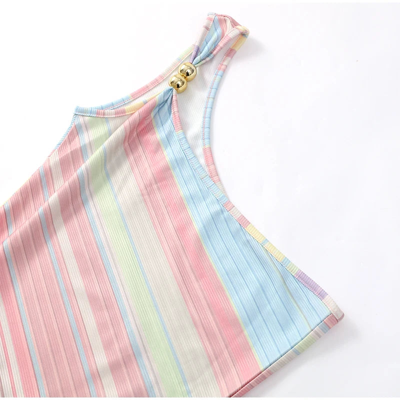Women Rainbow Diagonal Stripe Maxi Dress One Shoulder Strap Slim Bodycon High Slit Knit Vestido Summer Beach Vacation Outfit