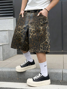 Men's Summer Retro Leopard Print Denim Shorts, Washed Loose Wide-Leg High-Street Grunge Knee-Length Denim Shorts