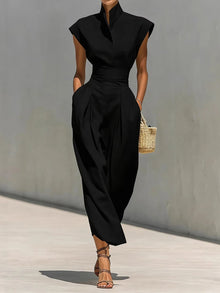 Summer New High Waist Pocket Dress Elegant Lady Slim Pleated Midi Dresses Fashion Solid Stand Collar Sleeveless Commuting Dress