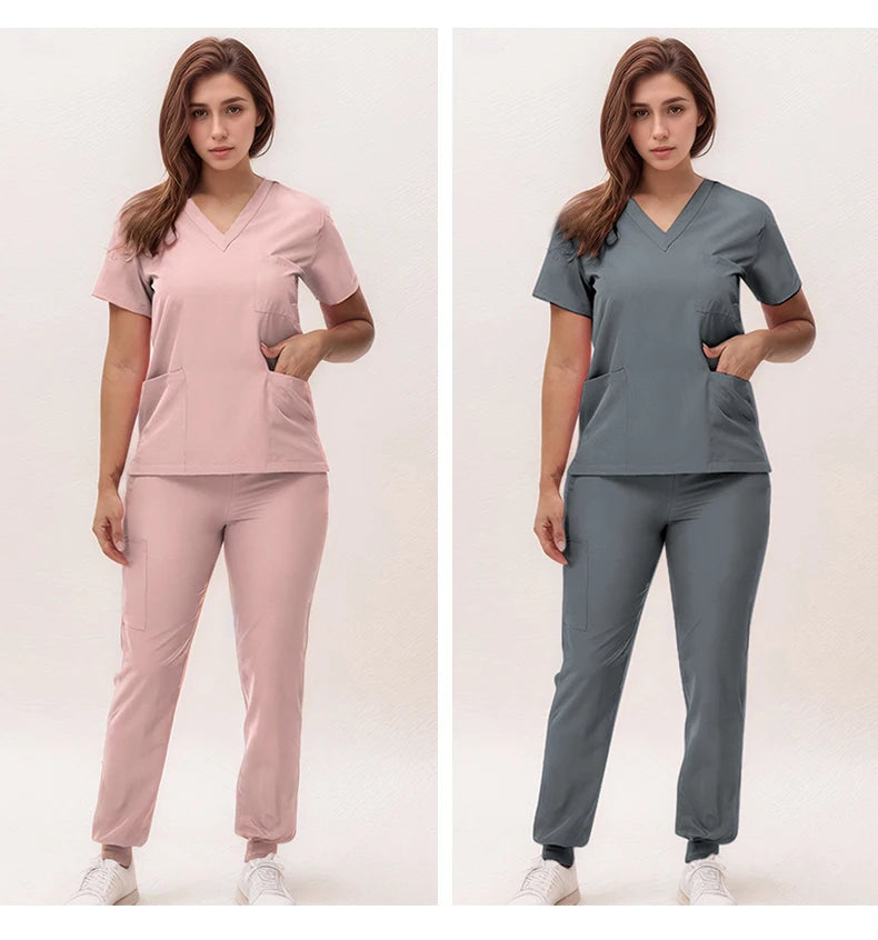 Stretchy Nurse Uniforms V-neck Top Jogger Pants Scrub Sets Surgical Workwear Dentist Nursing Suit Hospital Doctor Outfit S21