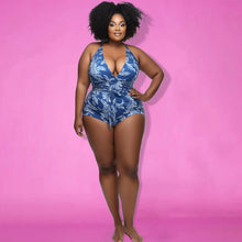 Plus Size Beach Swimsuit Blue Water Ripples V Neck One Piece