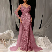 Elegant V Neck Long Sleeve Lace Sequin Mesh Evening Dress