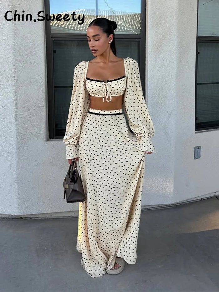 Ensemble jupe longue à pois pour femme, haut court en dentelle à manches lanternes et col carré, jupe trapèze taille haute, tailleur pour femme été 2026