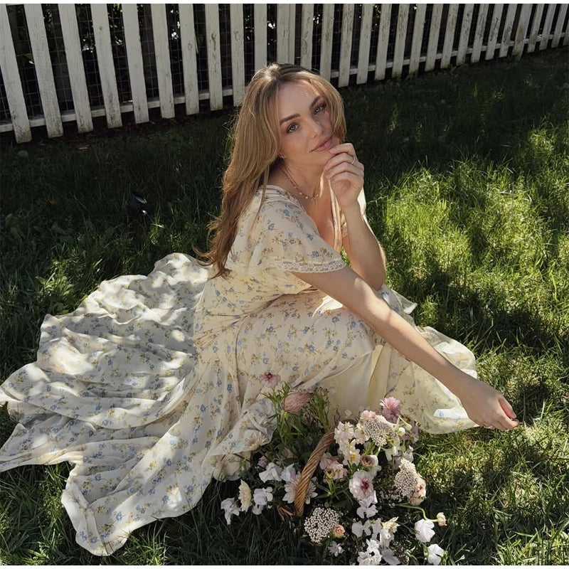 Fashion V-neck Floral Women Maxi Dress Flutter Sleeve Lace Trim High Waist Chiffon Vestidos Summer Female Daily Vacation Dresses