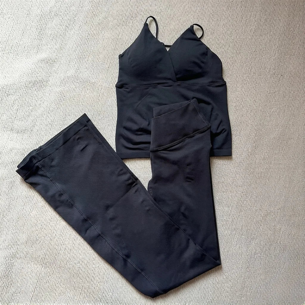 NO LOGO 2 Pieces Flared Legging Set Women Twist Front Sports vest Top Wide Leg Yoga Pants Seamless Yoga Set Tracksuits Workout