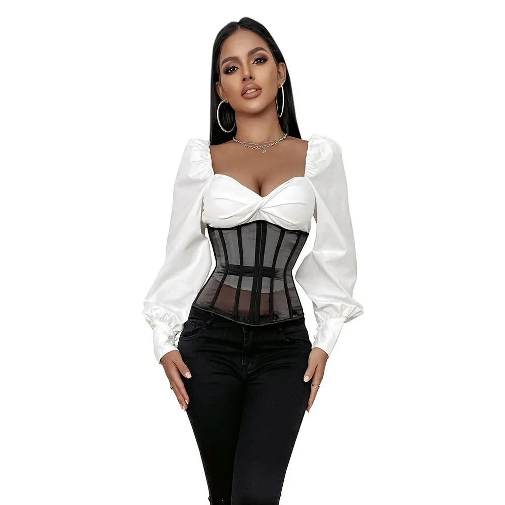 Women Underbust Bustiers Sexy Corset Top Mesh Breathable Lace Up Body Shaper Waist Trainer Sexy Corselet