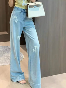 Y2K Vintage Butterfly Print Jeans for Women Straight  Wide Leg Baggy High Waist Denim Pants Korean Streetwear Aesthetic 90s Vibe