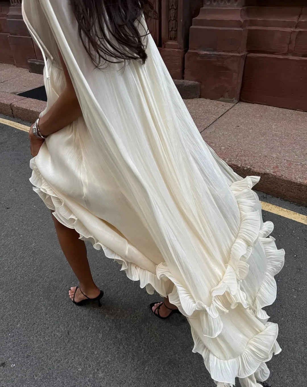Women Solid Cloak Long Dresses Fashion Stand Neck Lace Sleeveless Ruffle Irregular Hem Dress 2025 New Summer Street Lady Gown
