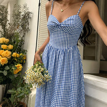 Women Gingham Maxi Dress V Neck Spaghetti Strap Knot Front