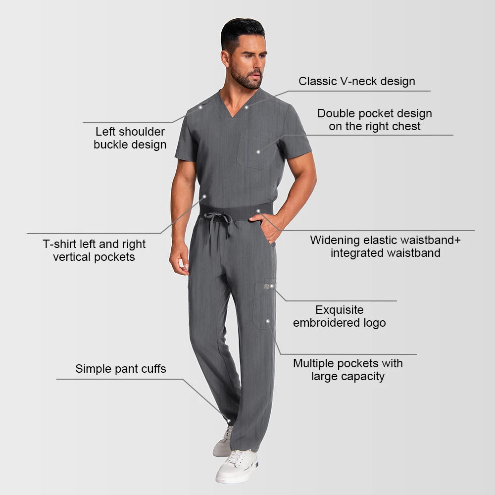 KUNGFU SCRUBS Mens Uniforms Medical Surgical Scrubs Set Short Sleeve V-Neck Top & Pants Soft Breathable Stretch Nursing Workwear