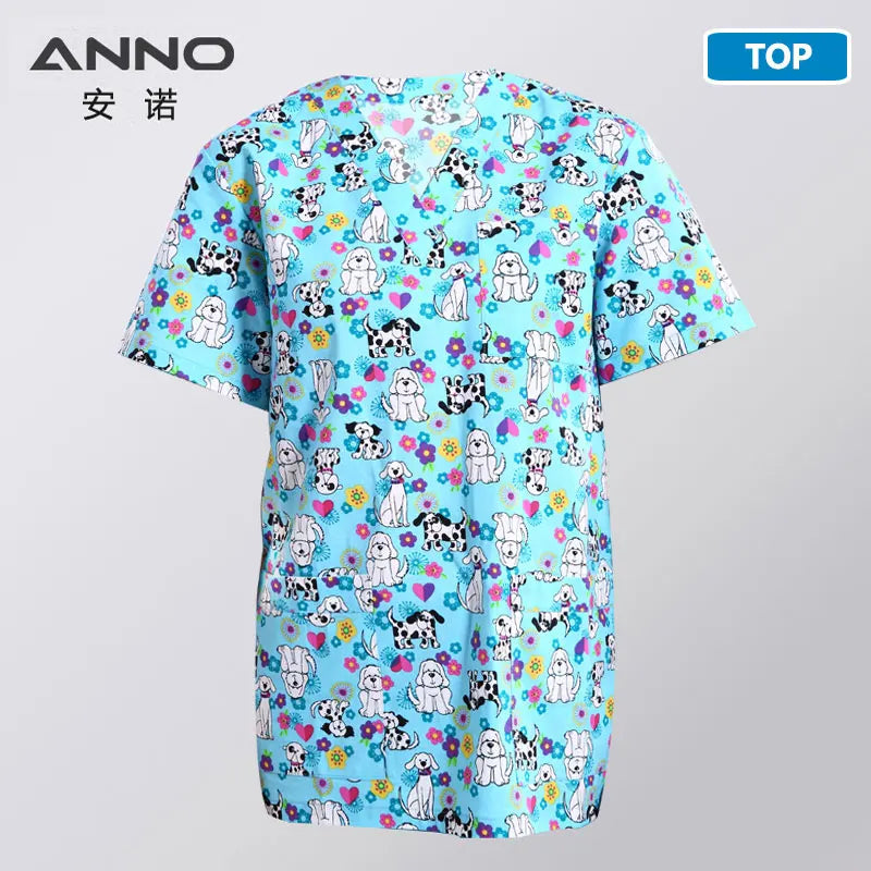 ANNO Hospital Staff Scrubs Top Medical Sanitary Nursing Uniform Dental Clinic Print Beauty Caregiver Coveralls