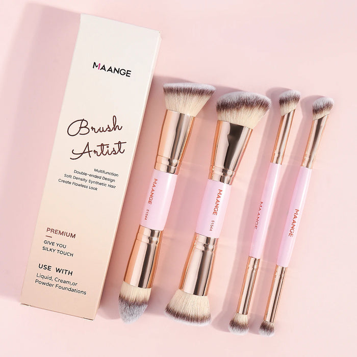 MAANGE Lot de 4 pinceaux de maquillage basiques avec boîte, double embout, fonds de teint, poudre, blush, détails pour les pinceaux à paupières, voyage pour débutants