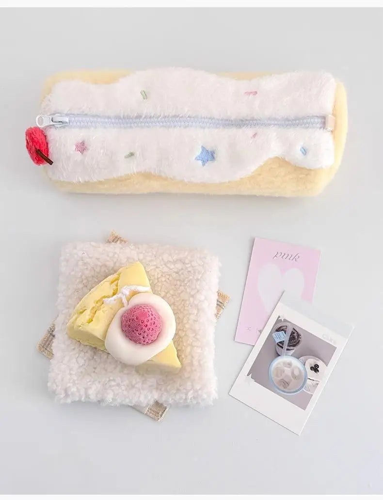 INS Fashion Korean Cream Swiss Roll Plush Pencil Case Student Desktop Storage Stationery Pen Bag Cute Girl Makeup Bag
